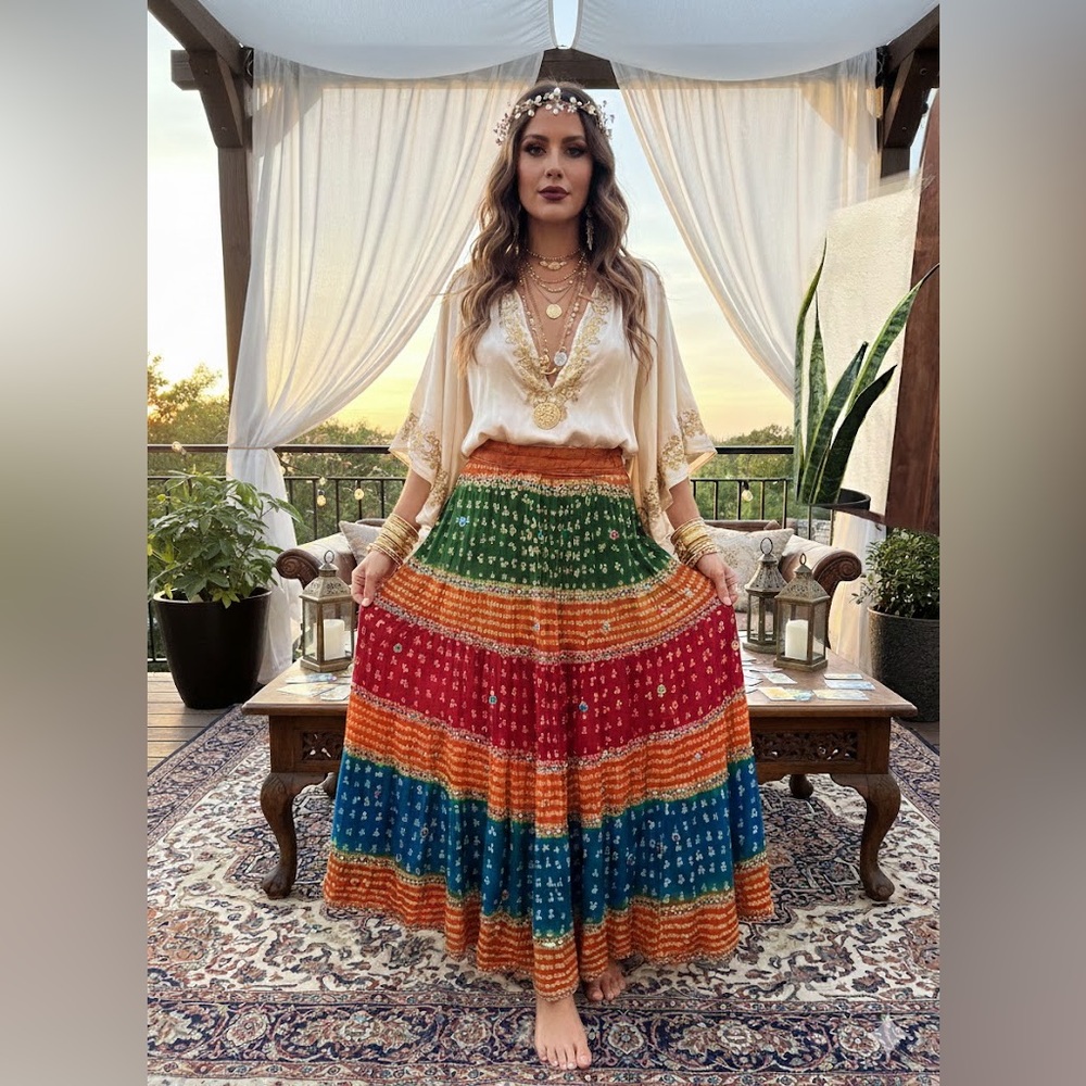 Boho Gypsy Tiered Maxi Skirt Multicolor Bandhani Print